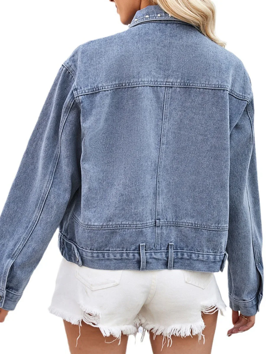 New Fashion Women Fall Denim Jackets With Pockets Rivet Button Down Turn Down Collar Long Sleeve Casual Jean Coats S-XL