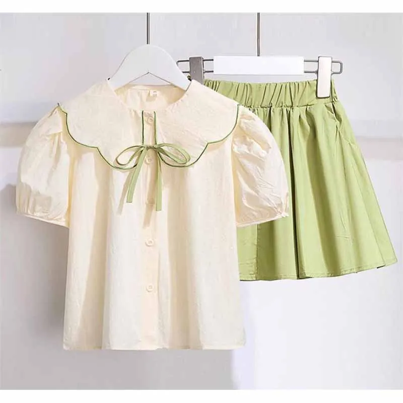 Girls Summer Skirt Sets Children Casual Outdoor Top+Kilt 2Pc Outfits Kids Daily Lotus Leaf Collar Shirt Thin Suits 4-14Year  345