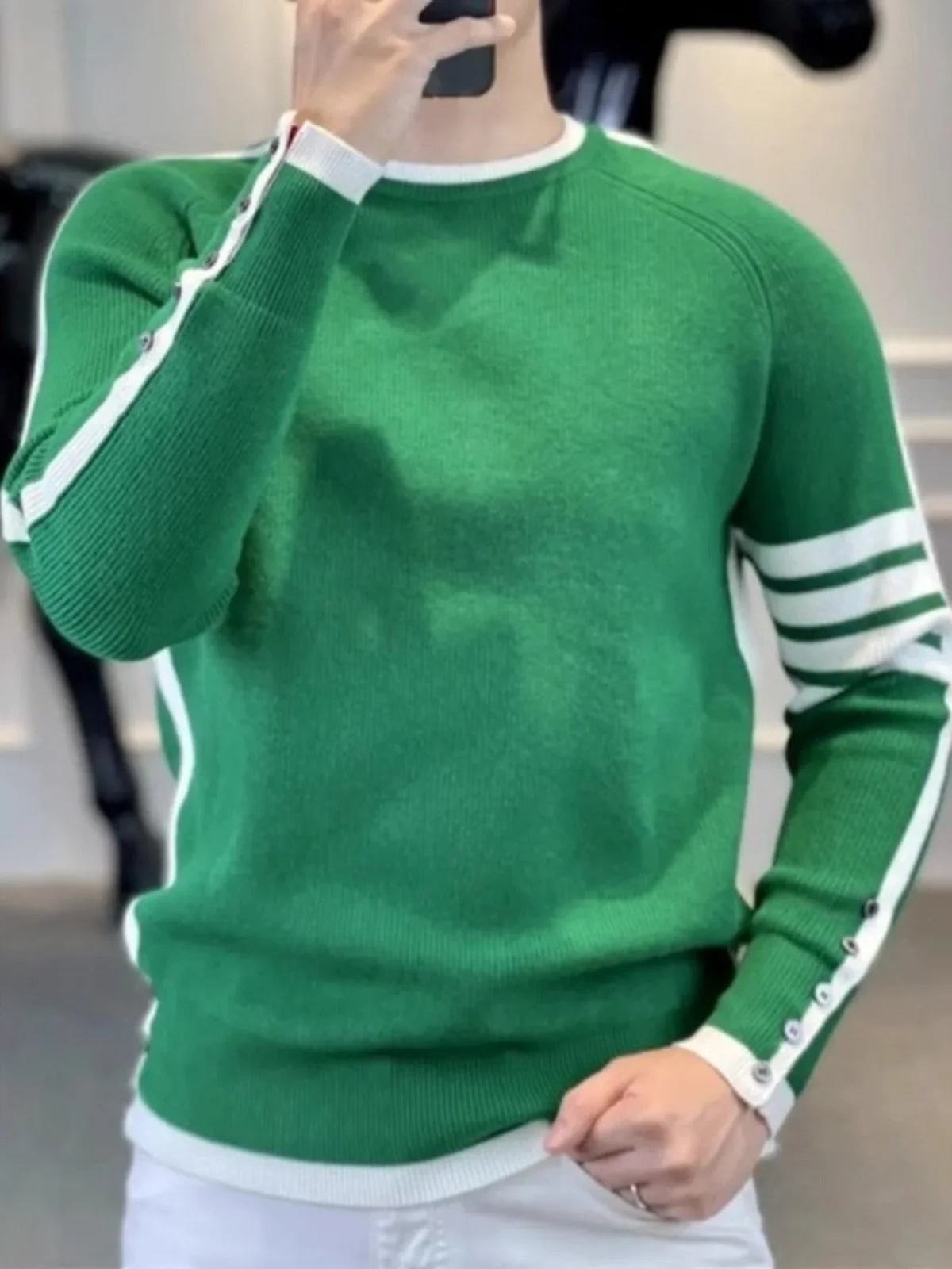 เสื้อสเวตเตอร์ถักทรงกลมสำหรับผู้ชายแฟชั่นดีไซน์เรียบง่ายฤดูหนาวชั้นฐานไออาร์ทีเอฟซีบุเสื้อถักลายทางลำลอง