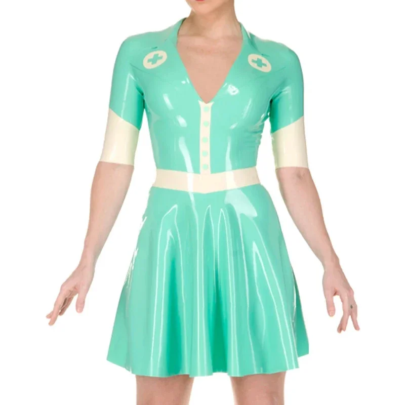 

Sexy Latex Dress with Half Sleeves Rubber Uniform Zipper At Back for Women