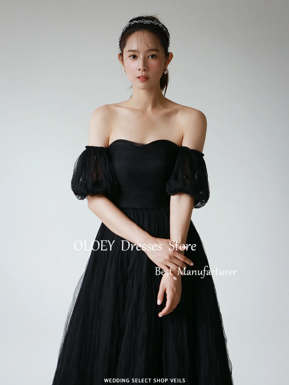 OLOEY Simple Black Prom Dress Korea Wedding Photoshoot Sweetheart Long Party Dress With Detachable Sleeves Bolero Soft Tulle