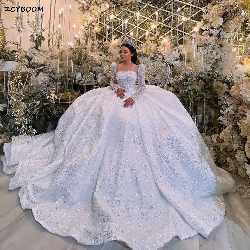 Princess Long Sleeves Sequined Beading Ball Gown Wedding Dresses 2024 Square Collar Illusion Dubai Bride Gowns Vestido De Noiva