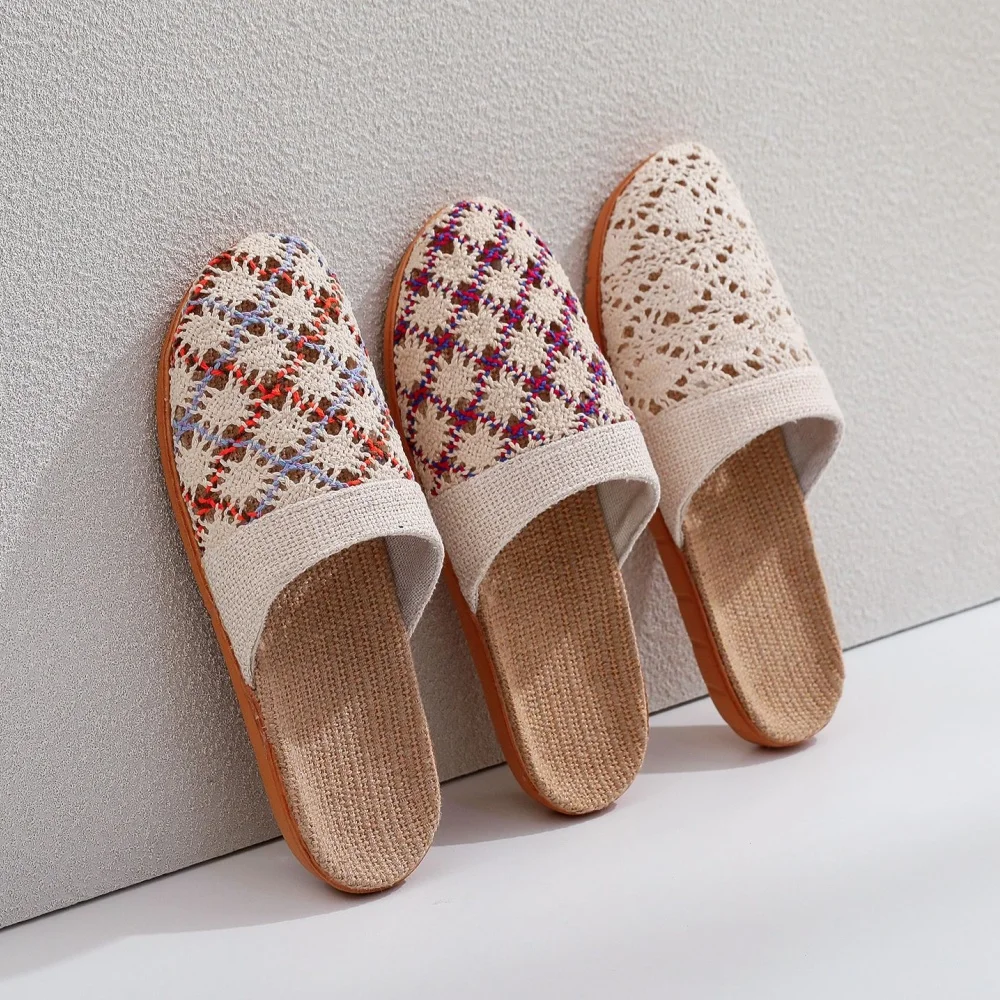 Women Hollow Crochet Linen House Slippers Breathable Anti-slip Flat Mule Slides Summer Open Back Indoor Bedroom Slippers