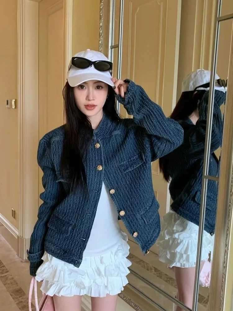 

Синяя джинсовая куртка в стиле ретро, женский свободный топ с длинными рукавами, элегантный открытый кардиган, весенняя модная хлопковая женская куртка высокого качества