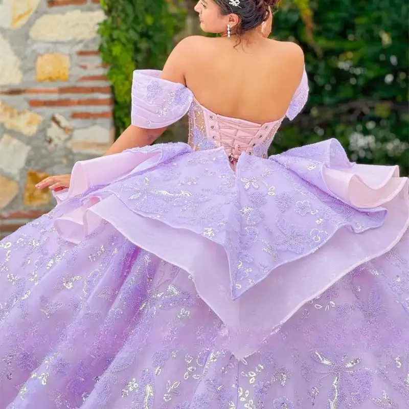 Personalizado roxo quinceanera vestidos trem destacável borboletas apliques rendas aniversário grânulo vestido de baile vestidos de 15 anos