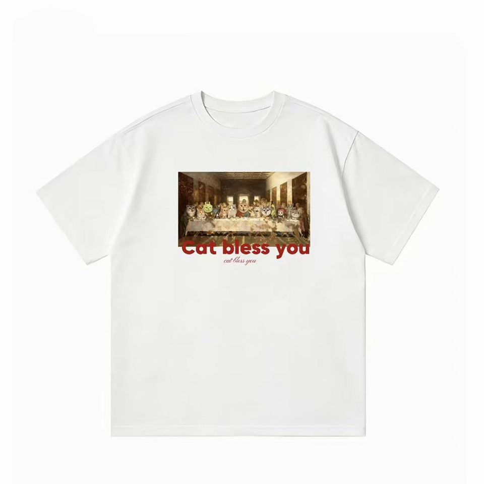 Men Women Kids Funny Cat Last Supper Parody T‑Shirt, Cat Bless You Graphic Print Casual Loose Short Sleeve Streetwear Cotton Tee