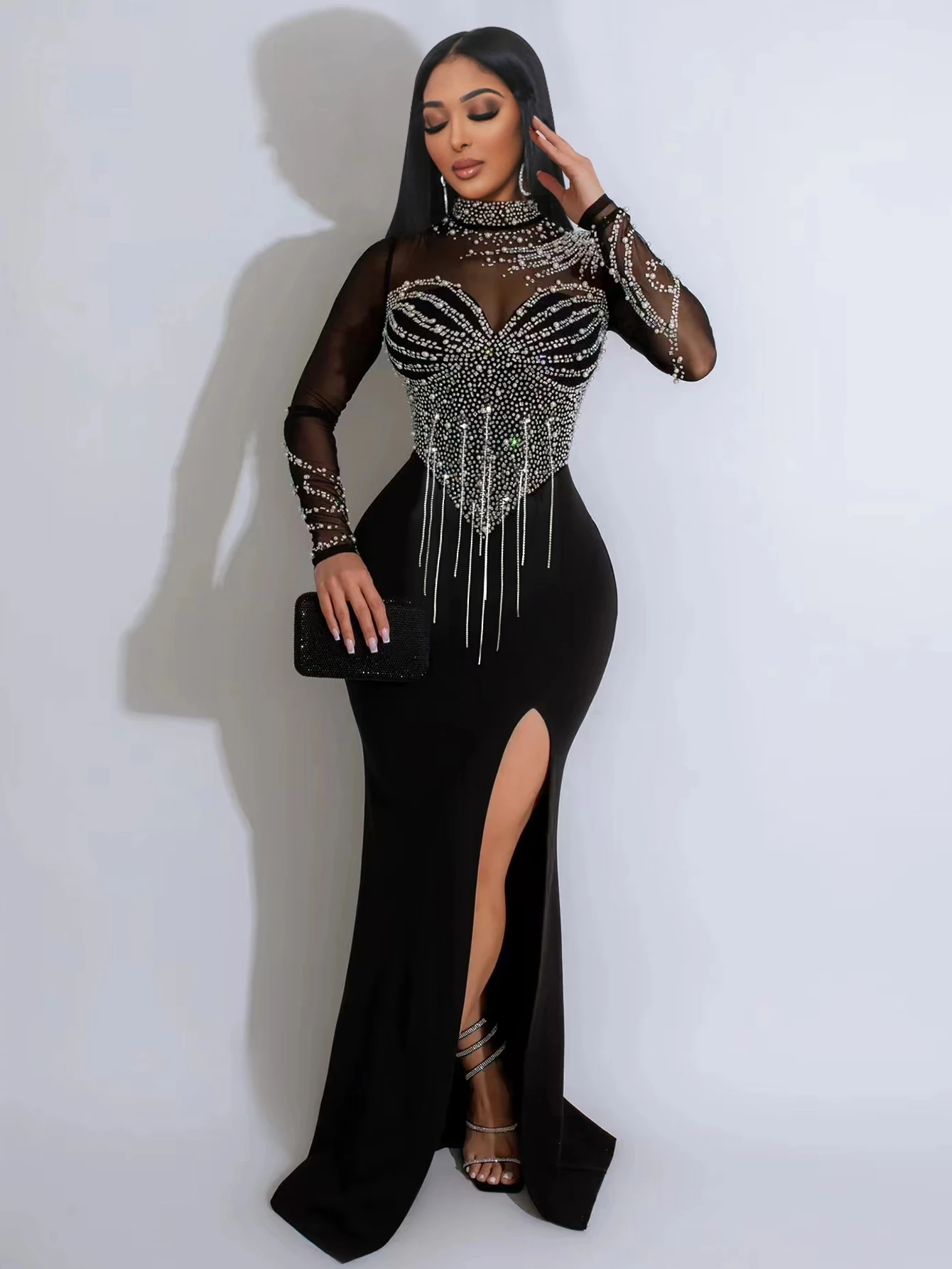 Women's mesh diamond studded pearl dress with chain, heavy craftsmanship dress with slit and floor length, women's dress