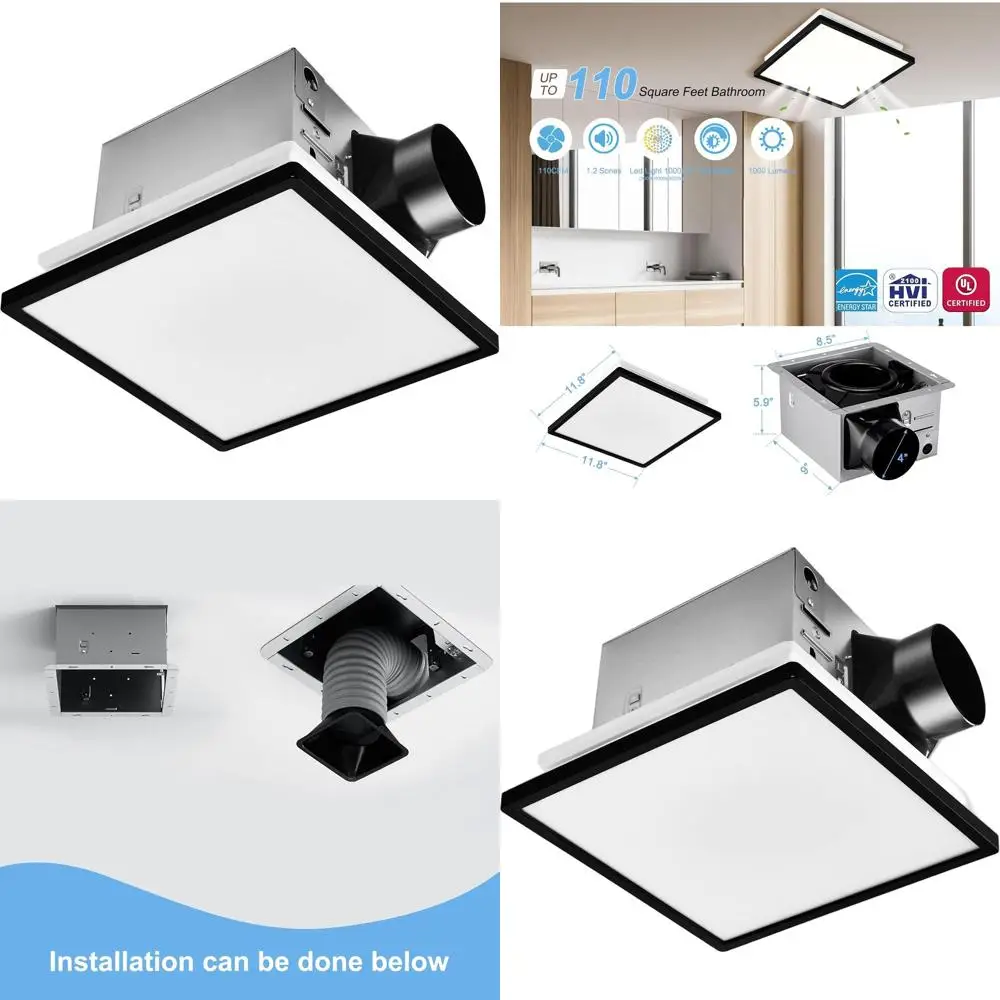 

Современный черный вытяжной вентилятор с подсветкой, 110CFM, 1,2Sone, 1000 лм, регулируемый светодиод 3CCT, Energy Star, декоративная черная рамка