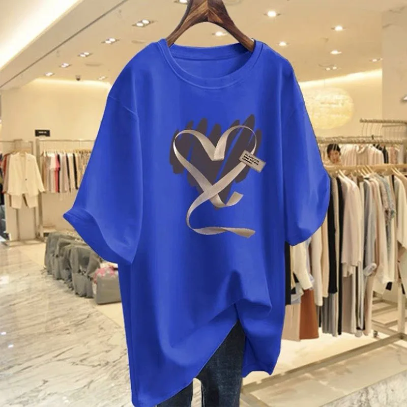 Women's Love Print Cotton O-neck T-shirt, Loose Short Sleeve Top, Basics Pullovers, Casual , Fashion, Summer,