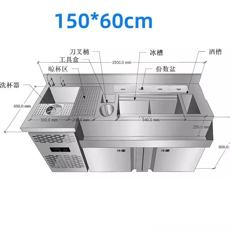 Modern Style Premium Stainless Steel Bar Counter Built-in Wine Cooler Customized Cocktail Bar Station for Hotel Club Bar