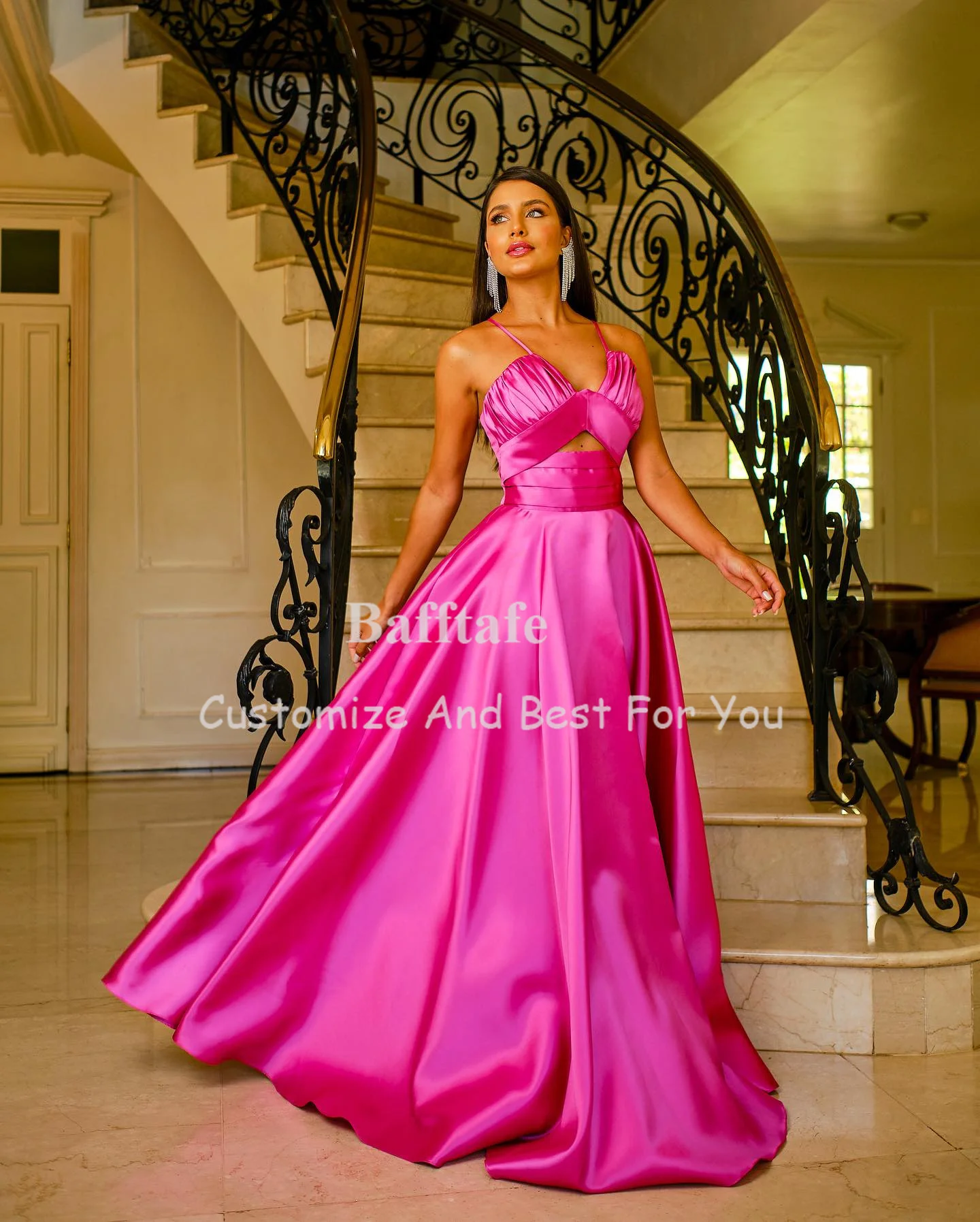 Bafftafe gaun malam Formal Fuchsia A Line gaun Prom tali Spaghetti panjang selantai gaun pengiring pengantin wanita selebriti Spesial