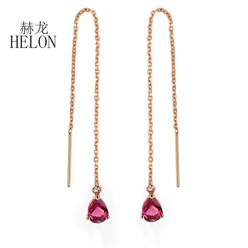 HELON Solid 18k Rose Gold Water Drop 3x4mm Genuine Tourmaline Earrings Women Simple Trendy Gemstone Jewelry Drop Chain Earrings