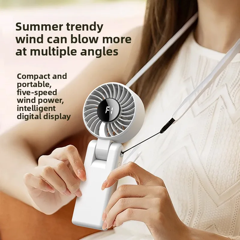 Handheld USB Fan Mini Portable Foldable Ultra Silent Home Dormitory 5-speed Multi-purposeExternal Neck Digital Display Small Fan