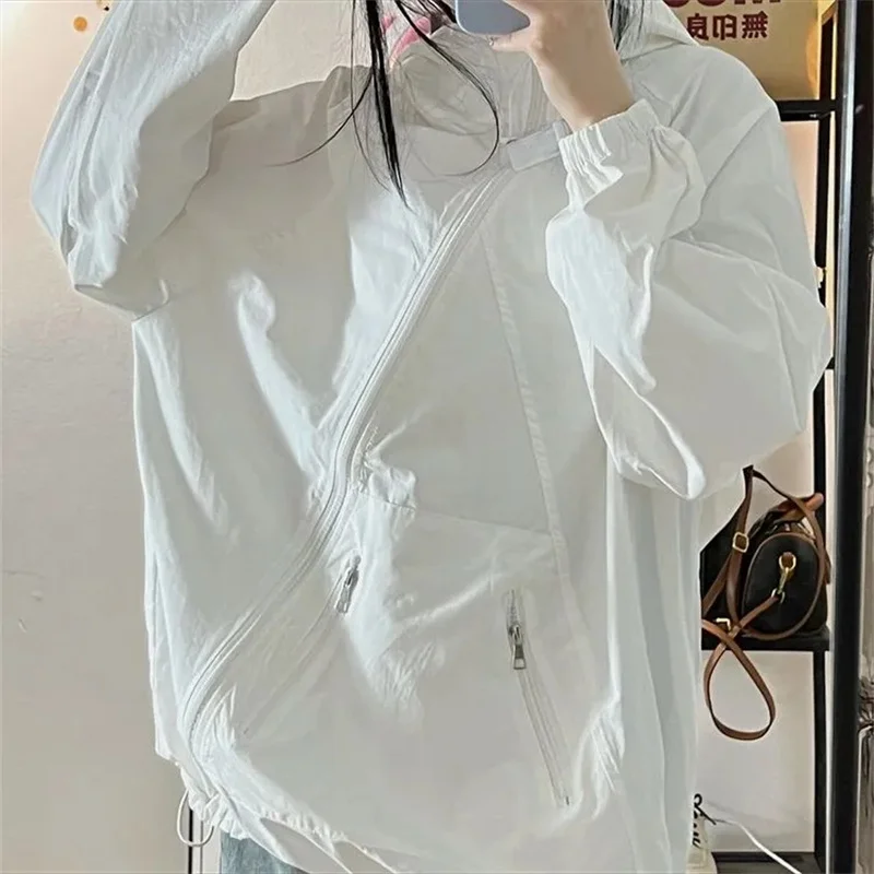 Casual Loose Sunscreen Coat Women Solid Color Windproof Sun-Protective Tops Quick-Drying Clothing Hooded Jacket Spring Autumn