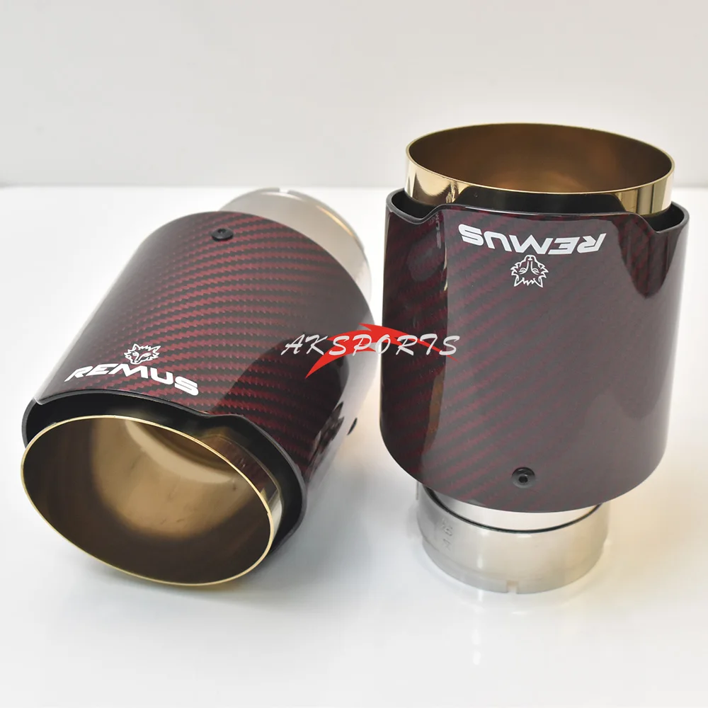 1Piece Car Golden Exhaust Straight Flange Red Glossy Carbon Tail End Tip  Stainless Steel Muffler Pipe