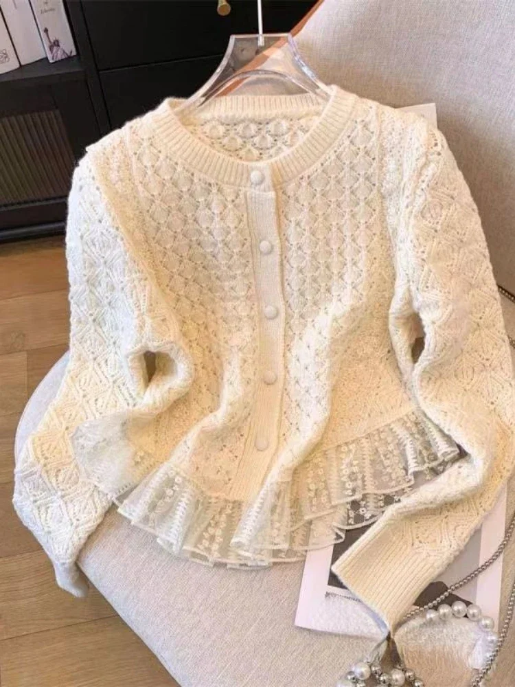 

Long Sleeve Crop Tops Fashion Elegant Sweaters Women's Clothing Small Fragrance Cardigan Solid Color Lace Patchwork Hollow Out