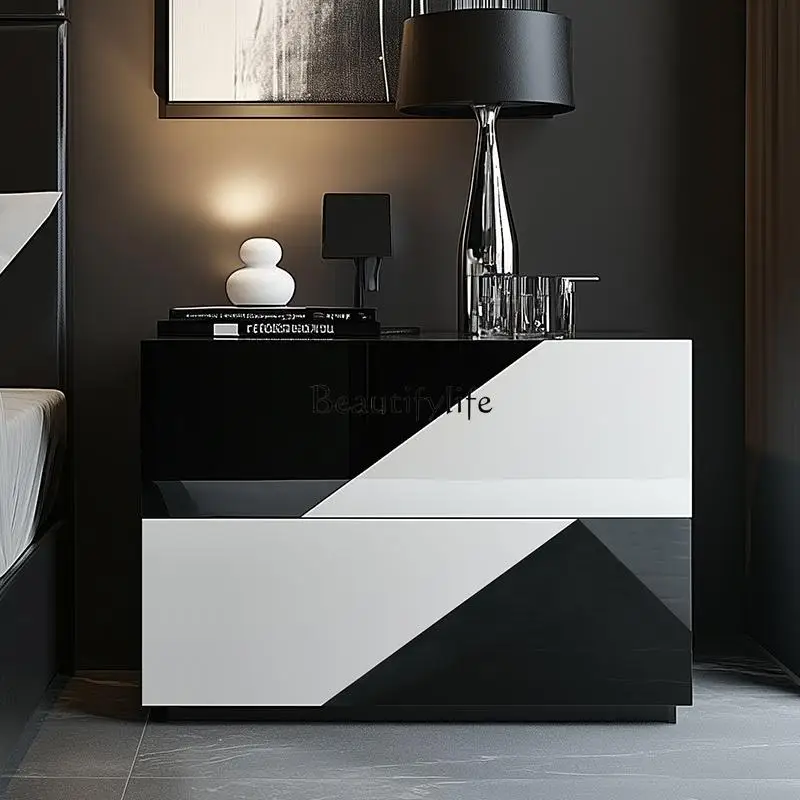 Italian minimalist bedside table black and white color parquet piano steel bright paint household bedroom bedside table