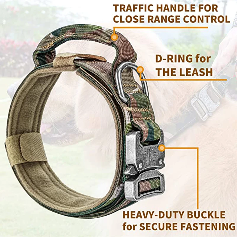 Military Tactical Dog Collar with Control Handle Adjustable Nylon Collar for Medium Large Dogs German Shepard Walking Training