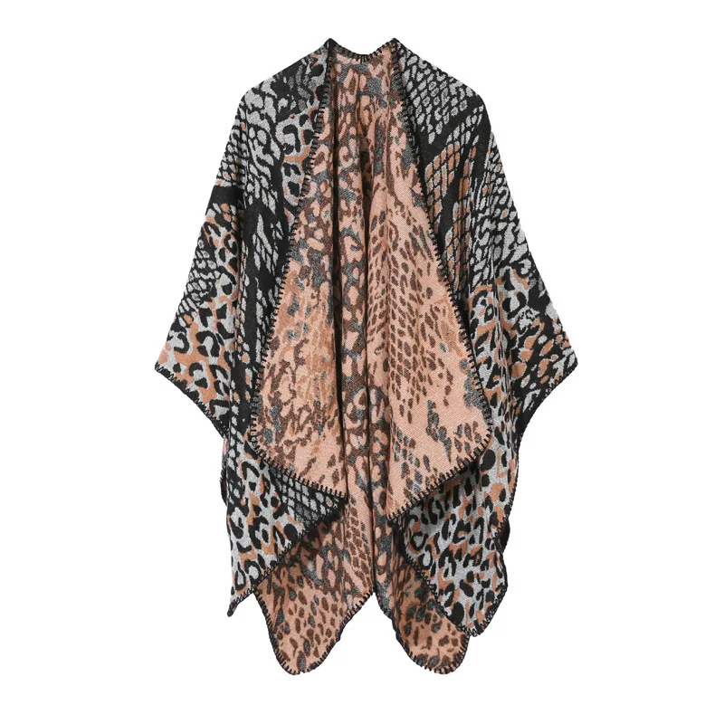 

Imitate Cashmere Knitted Shawl Women Leopard Print Cloak Autumn Fashion Street Poncho Lady Capes Khaki Cloaks