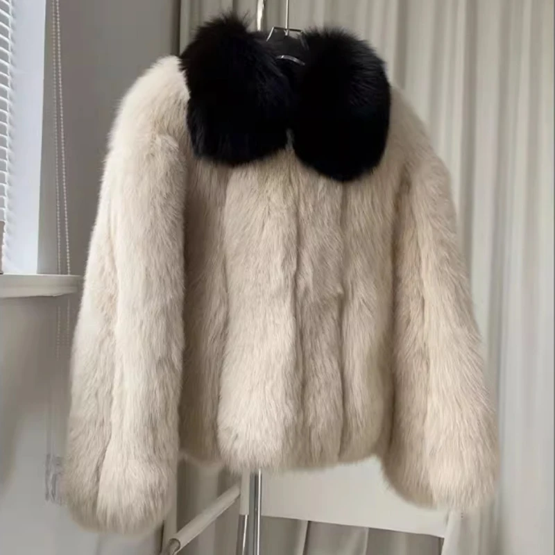 Luxury Fur Lapel Winter Design Patchwork Lapel Fur Coat Women Fashion Thick Warm Faux Fur Plush Coat Fluffy Soft Jacket New Chic