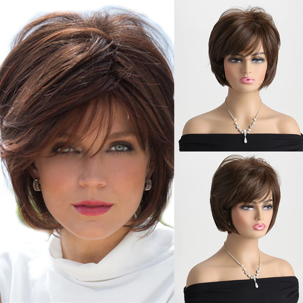 Short Natural Wigs with Bangs Soft Hair Daily Use Short  Brown Ombre Curly Synthetic Hair Costume Party Wig for Women