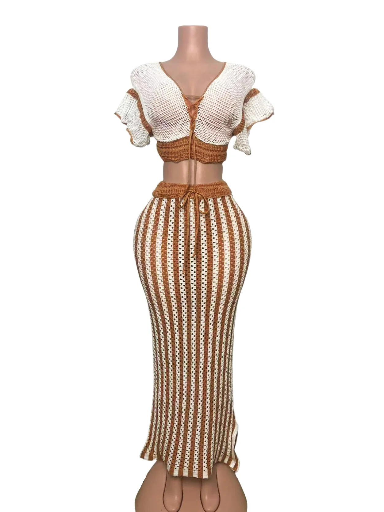 

2 Piece African Clothes for Women Autumn Fashion Africa Short Sleeve V-neck Top Long Skirt Matching Sets Dashiki Africa Clothing