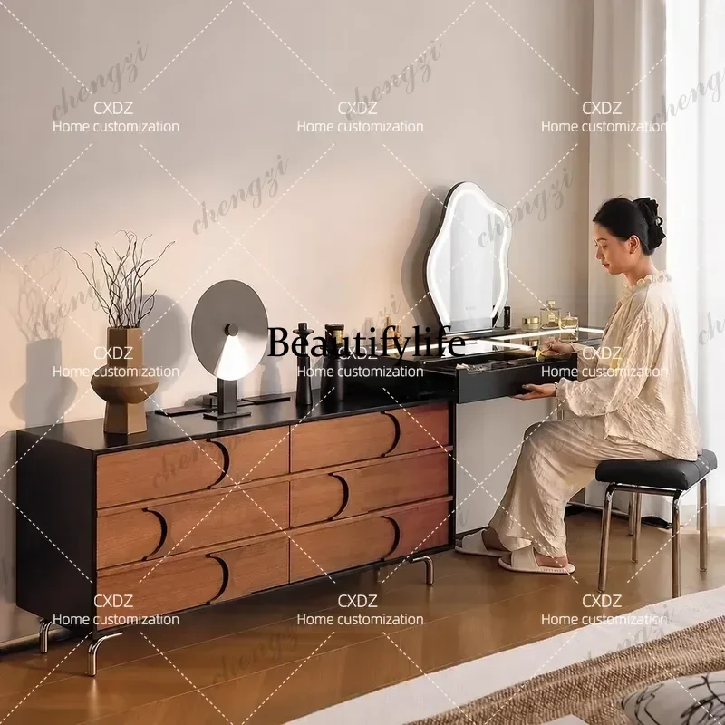 Medieval Style Solid Wood Dresser Chest Cabinet Integrated Small Apartment Dressing Table Bedroom Retractable Bedside Storage