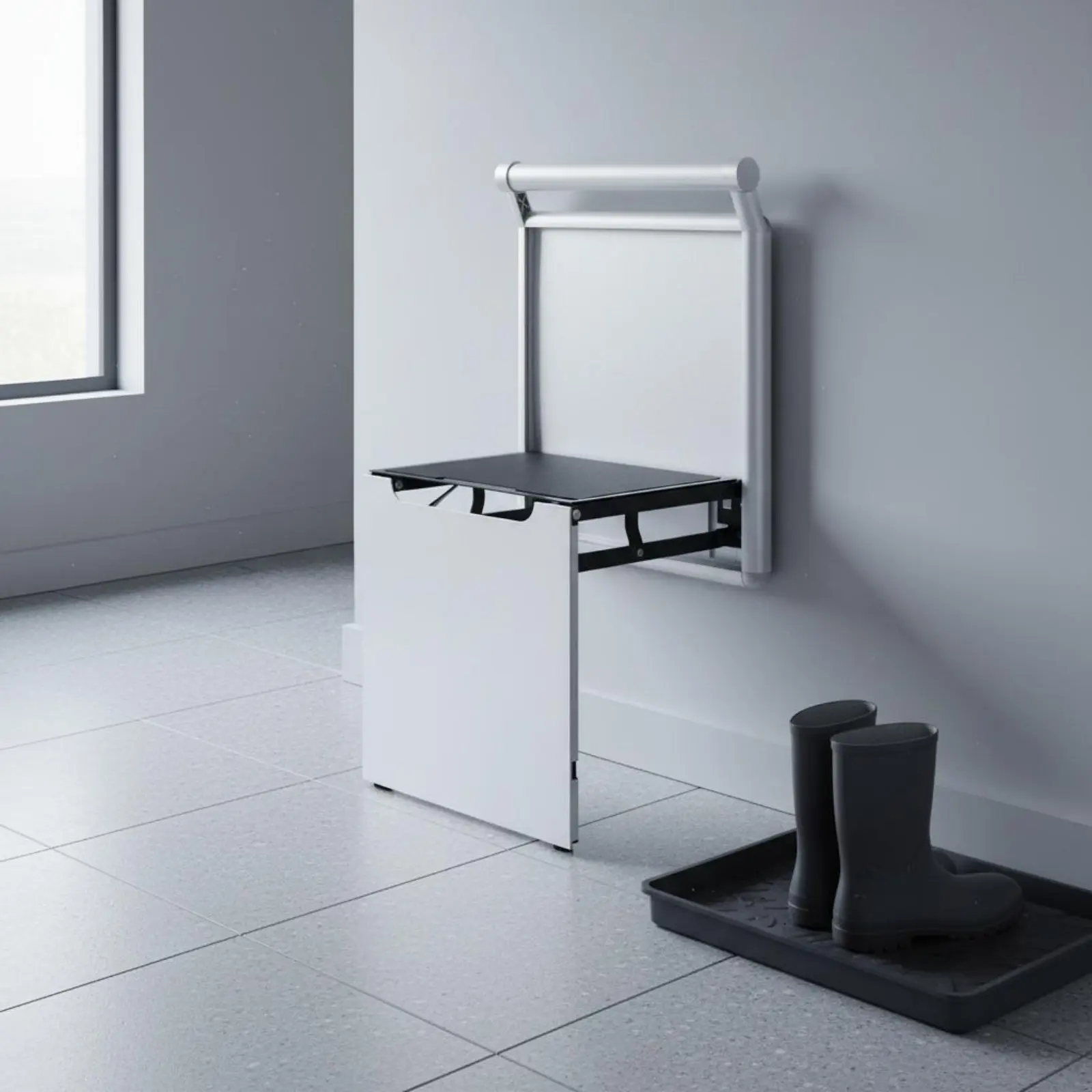 Wall Mounted Folding Shoe Bench Space Saving Hidden Shoe Bench Flip down Stool Foldable Slim Profile for Entryway, Hallway