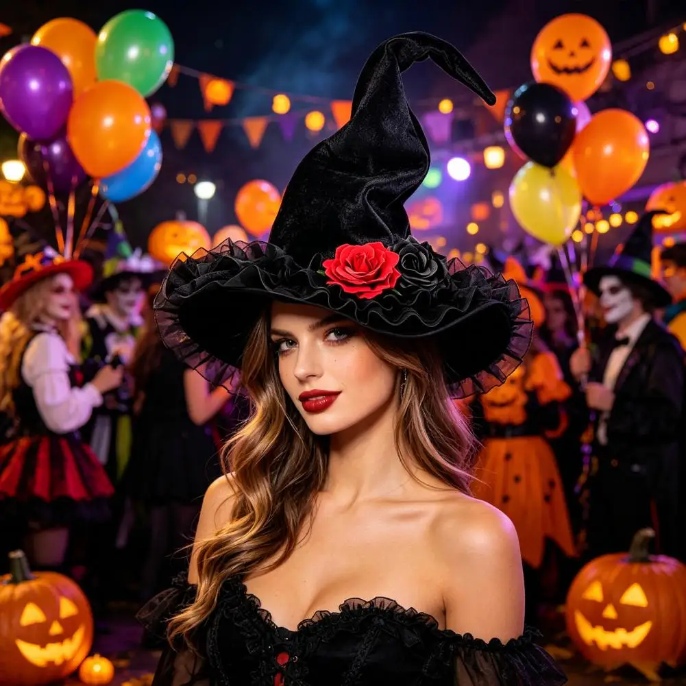 Elegant Dark Witch Hat Women's Large Ruched Witch Hat with Ruffle Flowers Halloween Felt Wizard Hat Adults for Masquerade