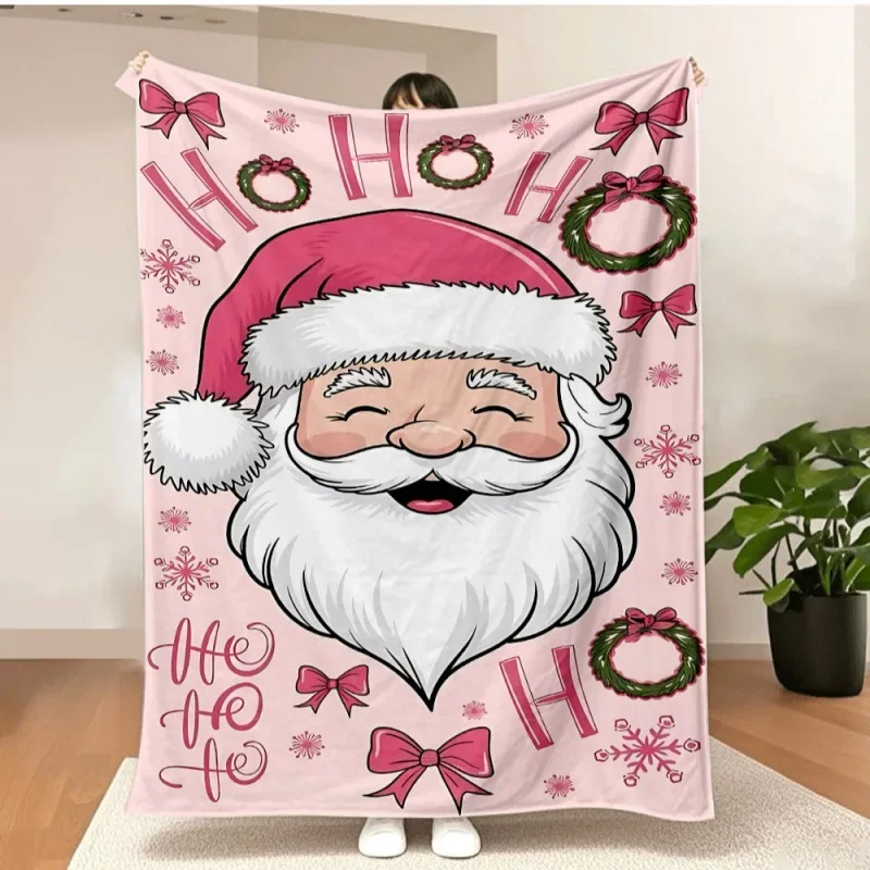 VIKAMA Pink Big Santa Face Ho Ho Ho Fleece Throw Blanket Cozy Soft Plush Cover for Couch Sofa Bed Christmas Decor Gift