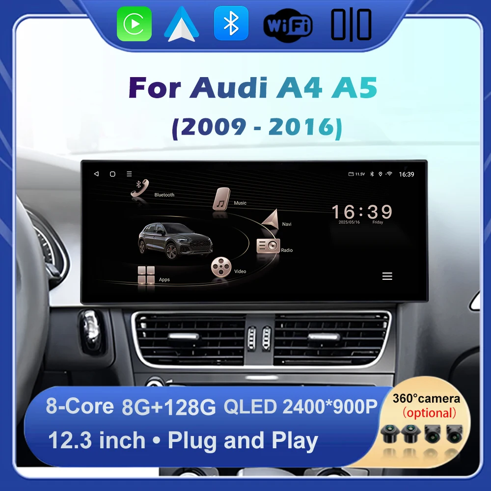 Для Audi A4 A5 2009-2016 12,3-дюймовый GPS-навигатор DSP Стерео Автомобильный мультимедийный плеер Сенсорный экран Беспроводной Carplay Android 14 DVR