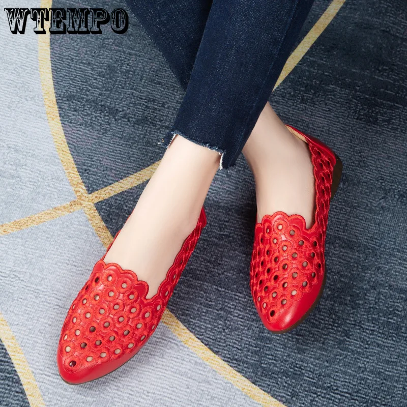 Hollow Red Leather Women\'s Soft Sole Pointed Toe Shallow Slip-on Simple Casual Commuting Korean Fashion Moccasin Drop Shipping