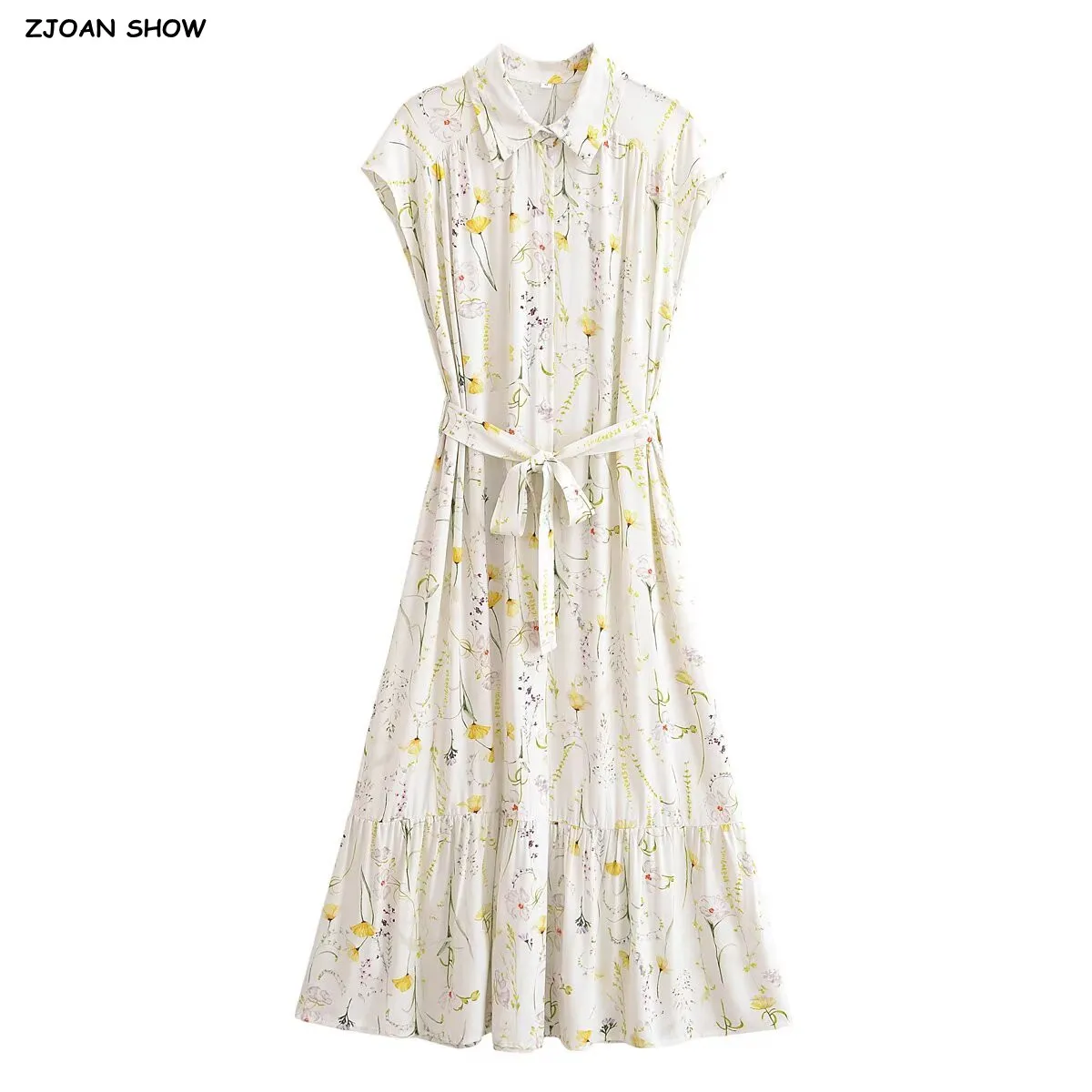2024 BOHO Bianco Con Fiore Verde Bottoni monopetto Abito camicia lunga Donna Impiombato palla nappa Fessura Orlo Midi Robe Vacanza