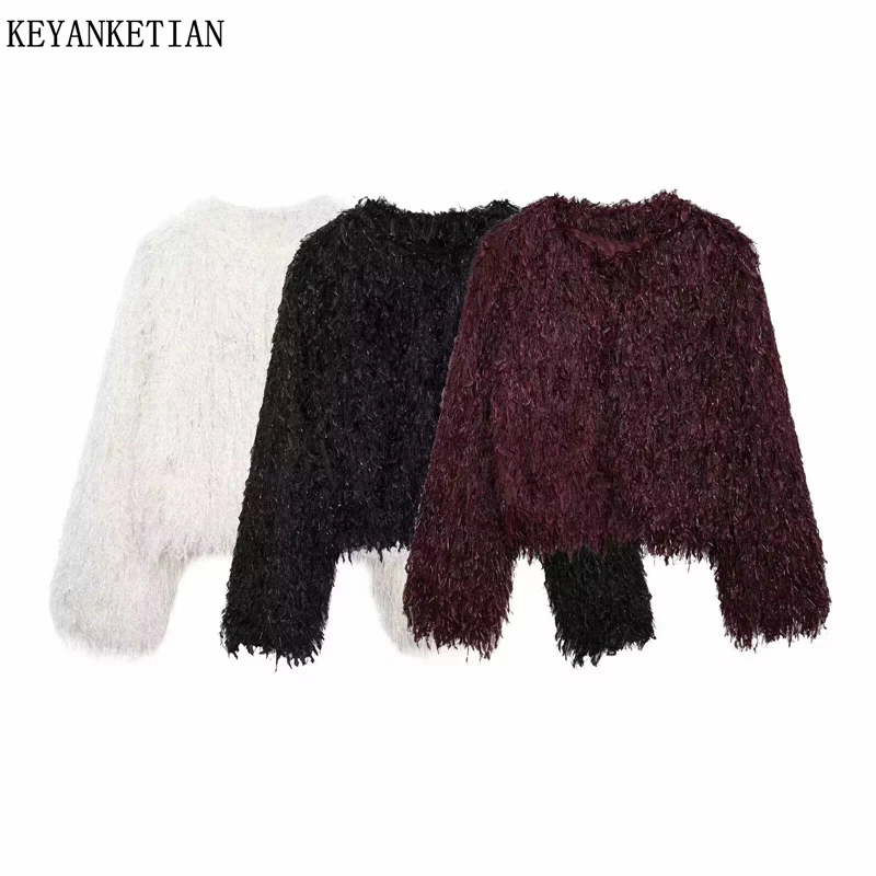 

KEYANKETIAN, новая зимняя женская куртка с длинными рукавами, свободная куртка из искусственного меха с металлической отделкой и круглым вырезом, женская короткая куртка