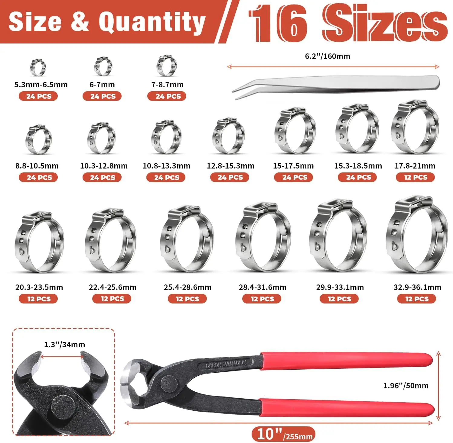 300pcs Single Ear Hose Clamps Hose Clip Clamp Pliers 5.3-36.1mm Tool kit 16 Sizes 304 Stainless Steel Hose Clamps Clips Rings