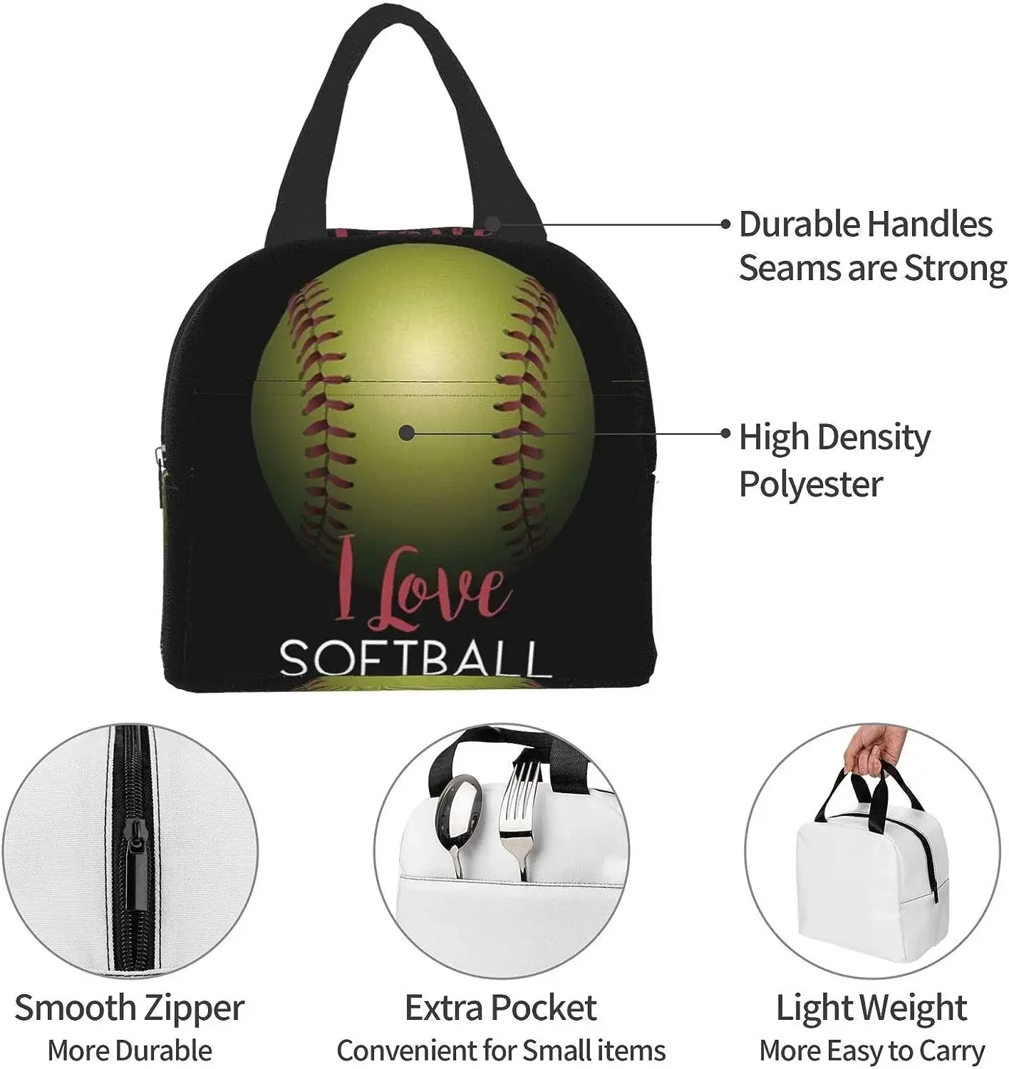 Softball Insulated Lunch Bag Thermal Bento Bag Lunch Box Leakproof Tote with Zipper Closure