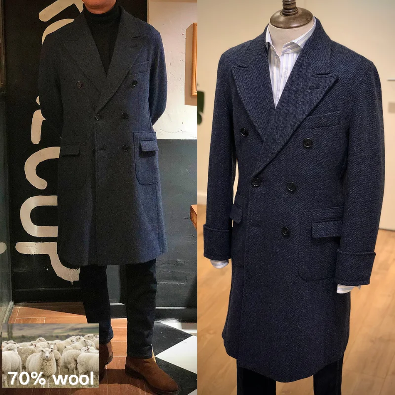 

British Retro Polo Coat Men's British Double Breasted Long Woolen Collar Herringbone Patterned Coarse Woolen Coat