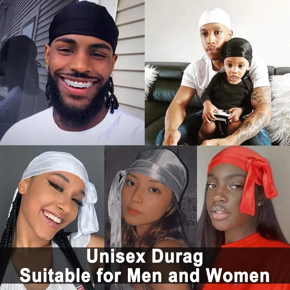 Mulheres bandanas turbante chapéu perucas doo masculino chapéu de turbante perucas de seda durags com cauda longa extra e tiras largas de seda durag para homens