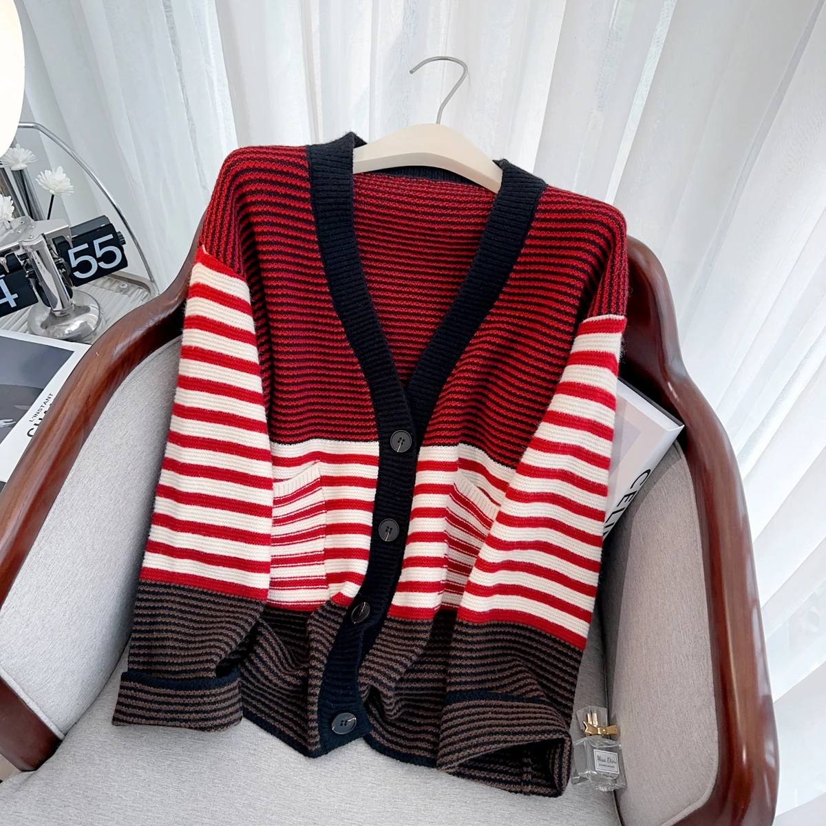 Camisola de malha listrada cardigan feminino com decote em v manga longa casacos soltos jaquetas outono inverno elegante chique moda senhoras jumpers topo