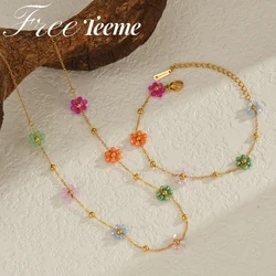 Freeteeme Colorful Artificial Crystal Flower Necklace Bracelet for Women Girl Stainless Steel Jewelry Set Gold Plated Chain Gift