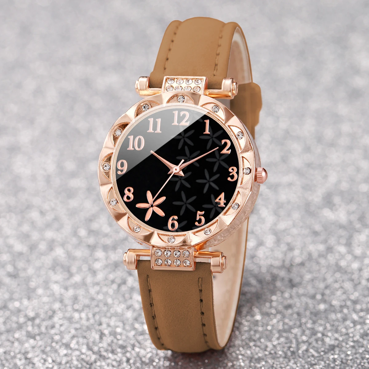 7PCS/Set Fashion Rhinestone Women\'s Watch Leather Band Female Quartz Watches (Without Box)
