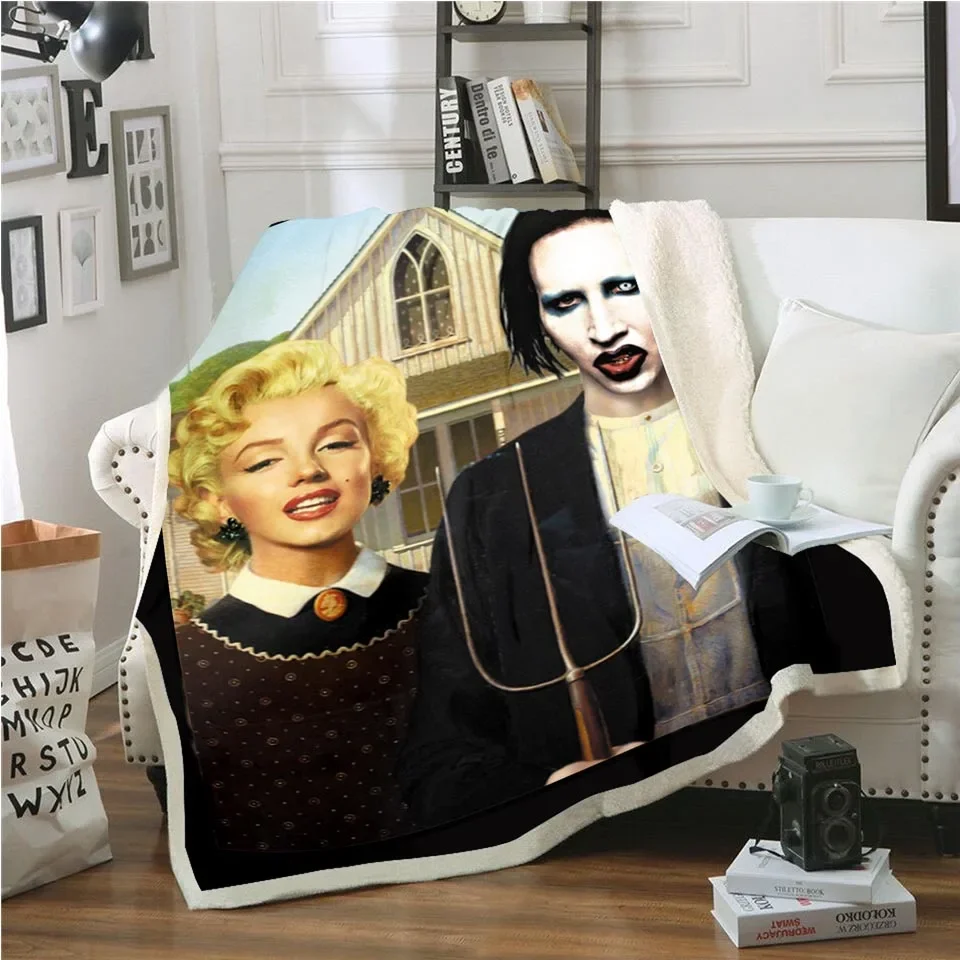 Singer Marilyn Manson 3D Sherpa Blanket Velvet Plush Throw Fleece Blanket Bedspread Couch Sofa Quilt Cover Travel Bedding 01