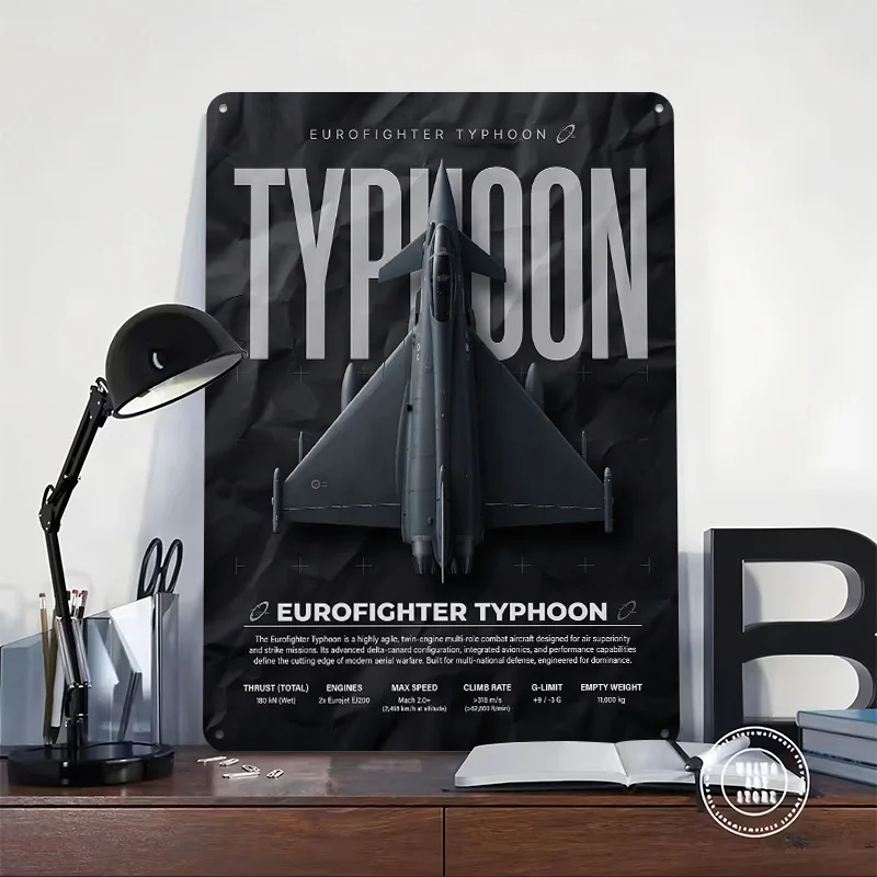 Dark Eurofighter Typhoon Technical Infographic Poster Retro 3D Printed Metal Signs Customized Wall Hanging Gift for Office Decor