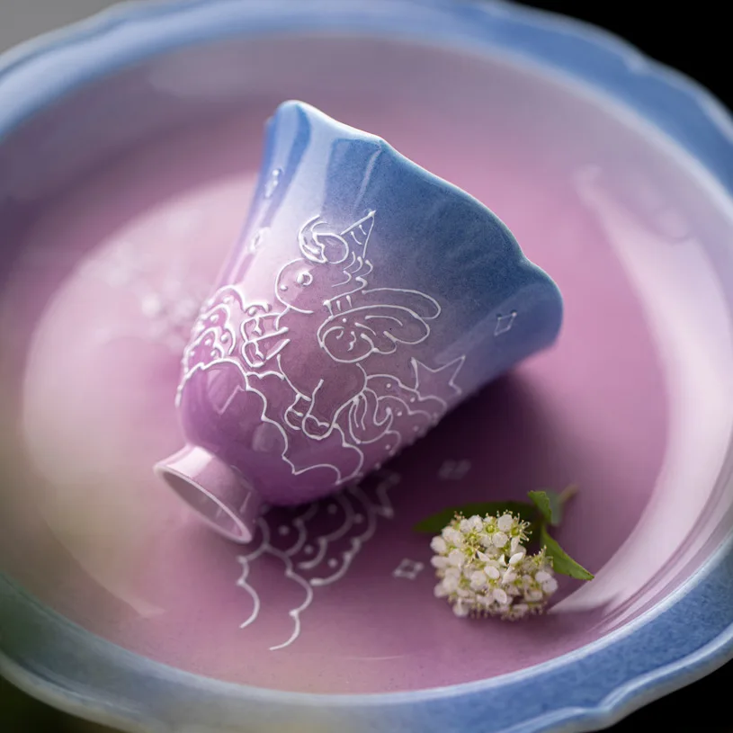 Horse Year Underglaze Pure Hand Drawing Tianma Hukou Tea Cup Gradient Purple Color Fragrance-Smelling Kung Fu Set