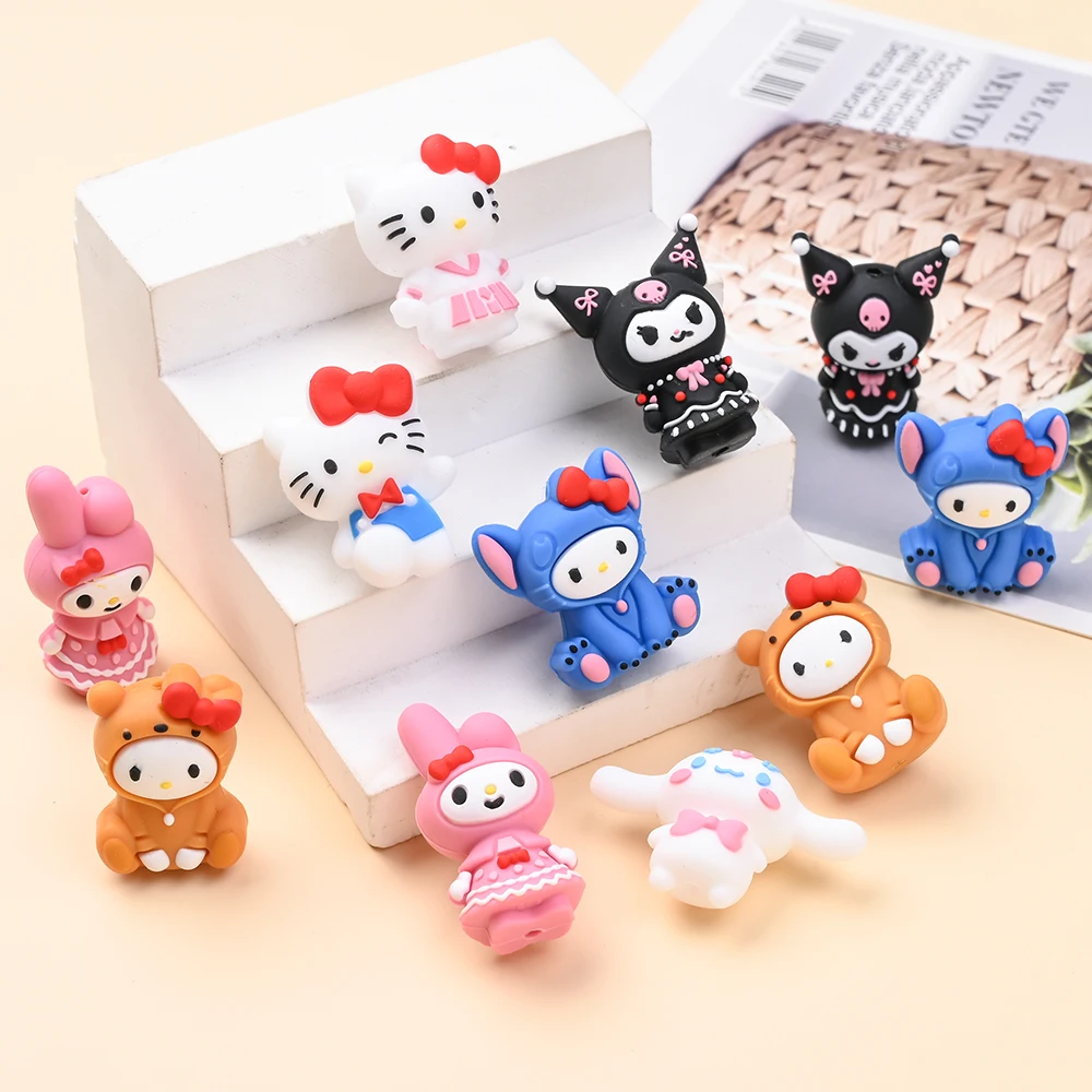 7Pcs 3D Cartoon Puppe Silikon Perlen Lebensmittel Grade Fokus Beißring Perle für DIY Schnuller Clip Zahnen Kauen Spielzeug schnuller Halter Zubehör