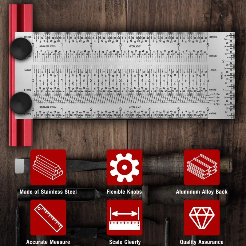 Allsome T-RULE Precision Marking 3/6/12 Inch Stainless Steel Woodworking Marking Scribing Line Carpenter Square Measuring Tool