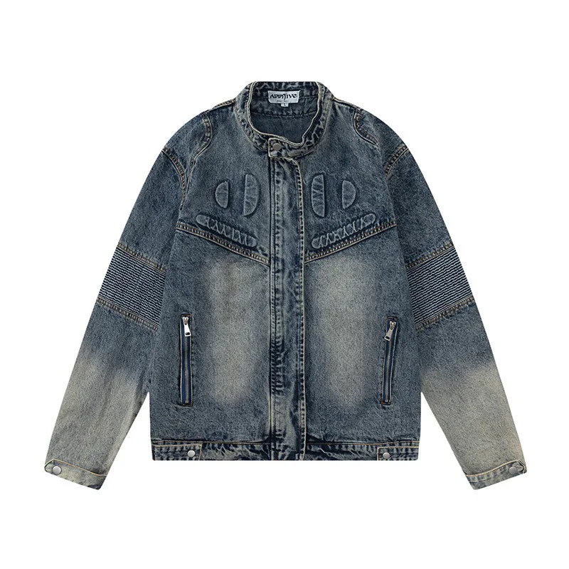 

Men's Fashion Biker Denim Jacket High Street Vintage Motorcycle Jeans Coat Washed Retro Cowboy Outerwear High Quality