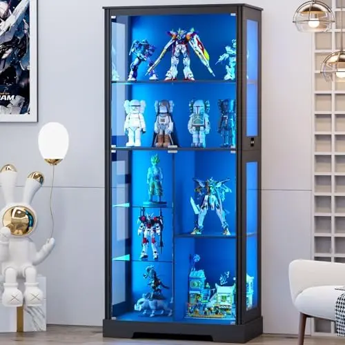 71'' Vitrine mit 5 Ebenen und 3 Farblichtern für Sammlerstücke, Schwarz | Vitrinenschrank mit herausnehmbarem Glasregal