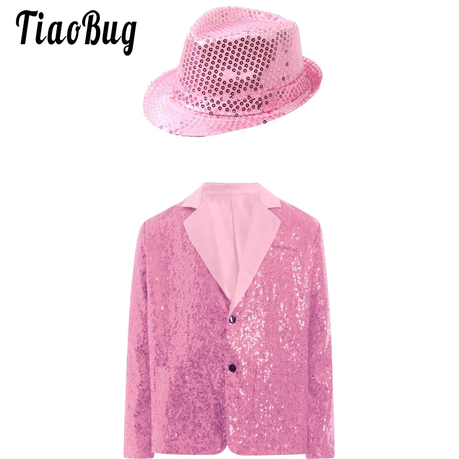 

Girls Disco Jazz Dance Theme Party Stage Performance Costume Sparkly Sequins Notched Lapel Long Sleeve Blazer Jacket with Pants