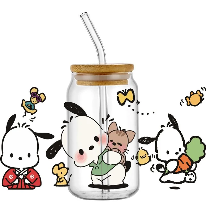 Miniso Pochacco stiker Bungkus anjing stiker tahan air UV cangkir DTF Mug membungkus stiker DIY 3D bungkus Decal untuk 16oz Libbey Glass